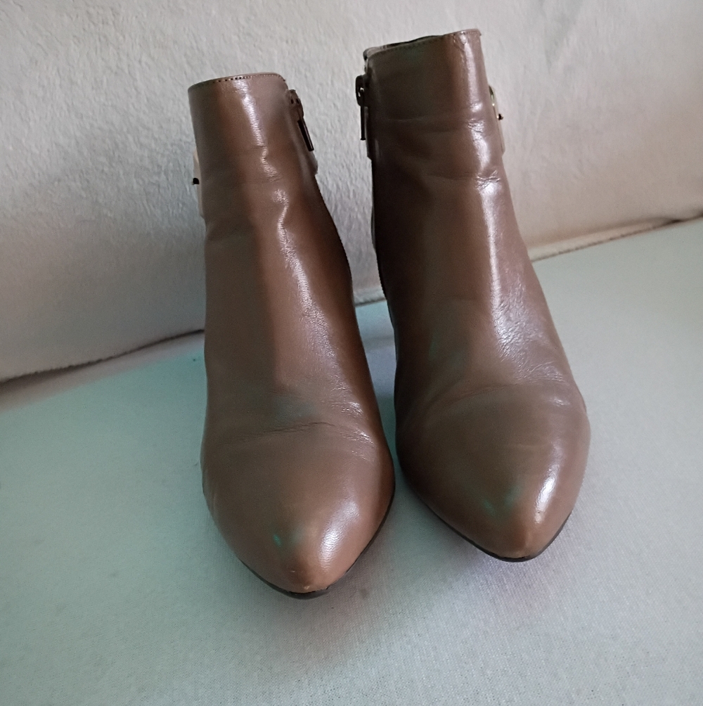 Anne Klein Brown Leather Ankle Booties with Gold Buckle - Picture 4 of 11